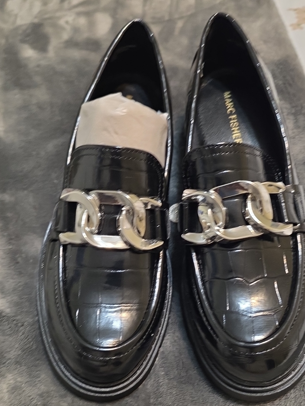 Marc Fisher Black Patent Loafers with Silver Chain Detail
